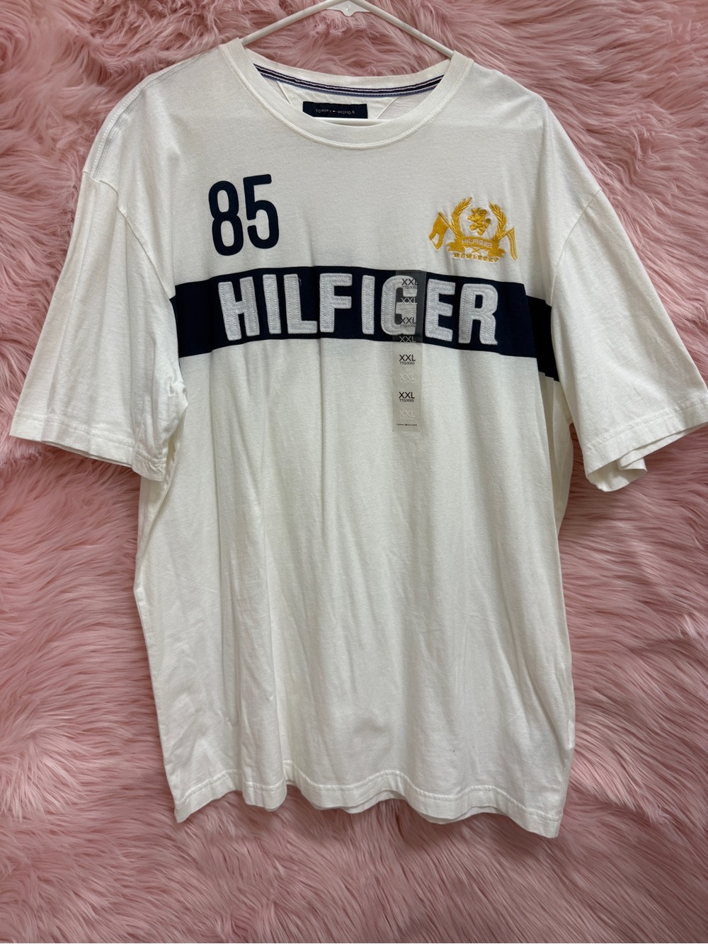 Tommy Hilfiger White Short-Sleeve Crew with Navy Stripe & Yellow Crest